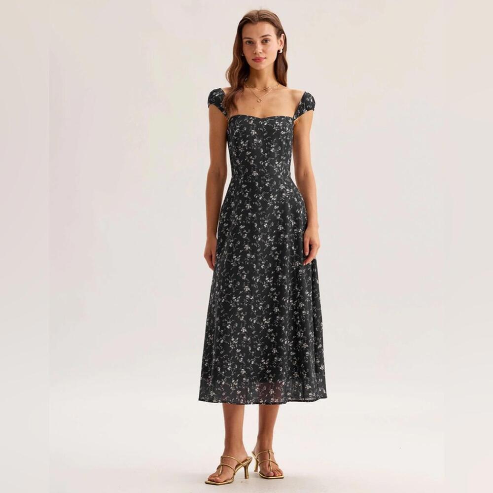 RIHOAS Black Floral Sweetheart Neck Midi Dress M